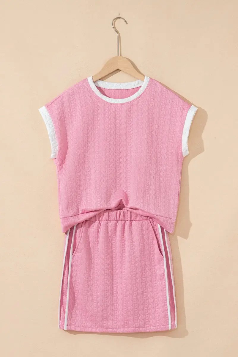 Pink Contrast Trim Textured Crewneck Tee And Pocketed Skirt Set - Love Salve